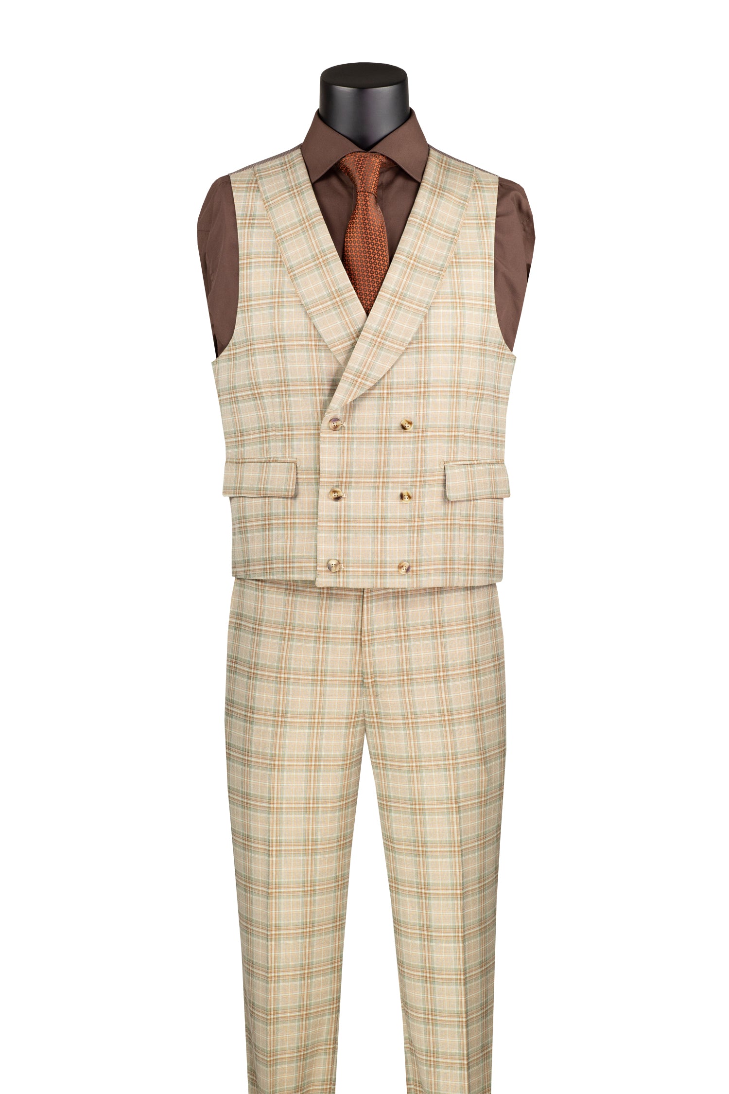 Men’s Khaki Modern Fit Windowpane 3-Piece Suit with Double-Breasted Vest MV2W-3