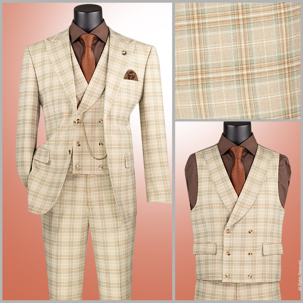 Men’s Khaki Modern Fit Windowpane 3-Piece Suit with Double-Breasted Vest MV2W-3