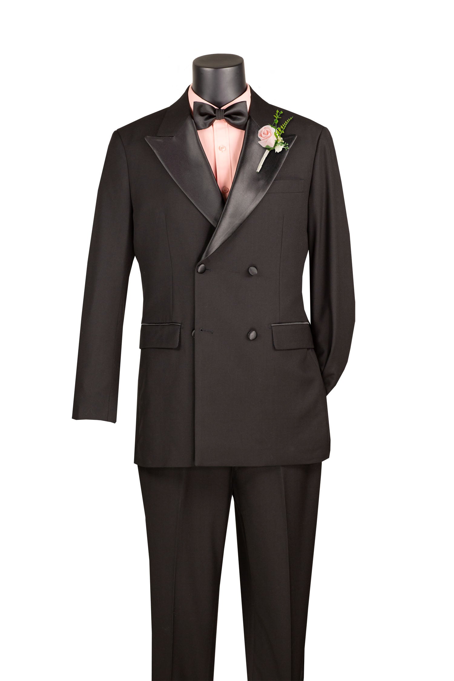 Men’s Regular Fit Double Breasted Tuxedo with Satin Lapel & Bow Tie - Black TDB900