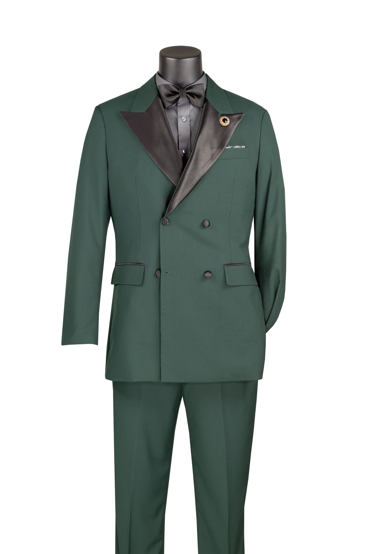 Men’s Regular Fit Double Breasted Tuxedo with Satin Lapel & Bow Tie - Hunter Green TDB900