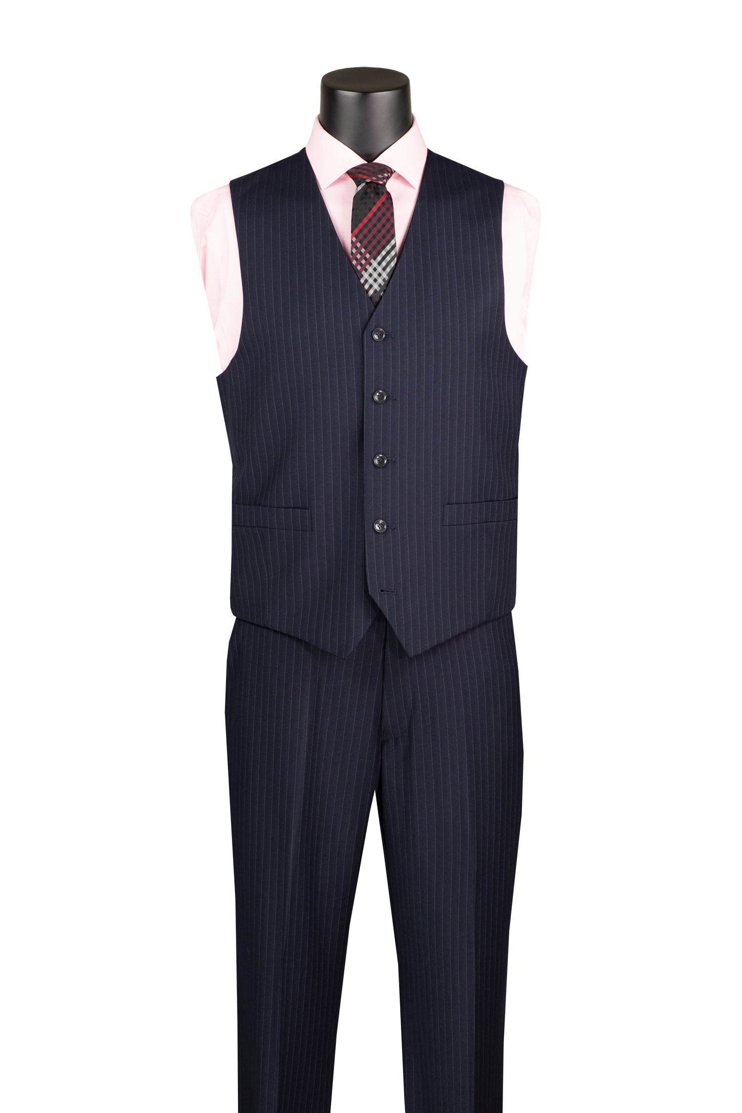 Men’s Shadow Stripe 3 Piece Suit – Navy Blue Regular Fit Vest V2RS-7