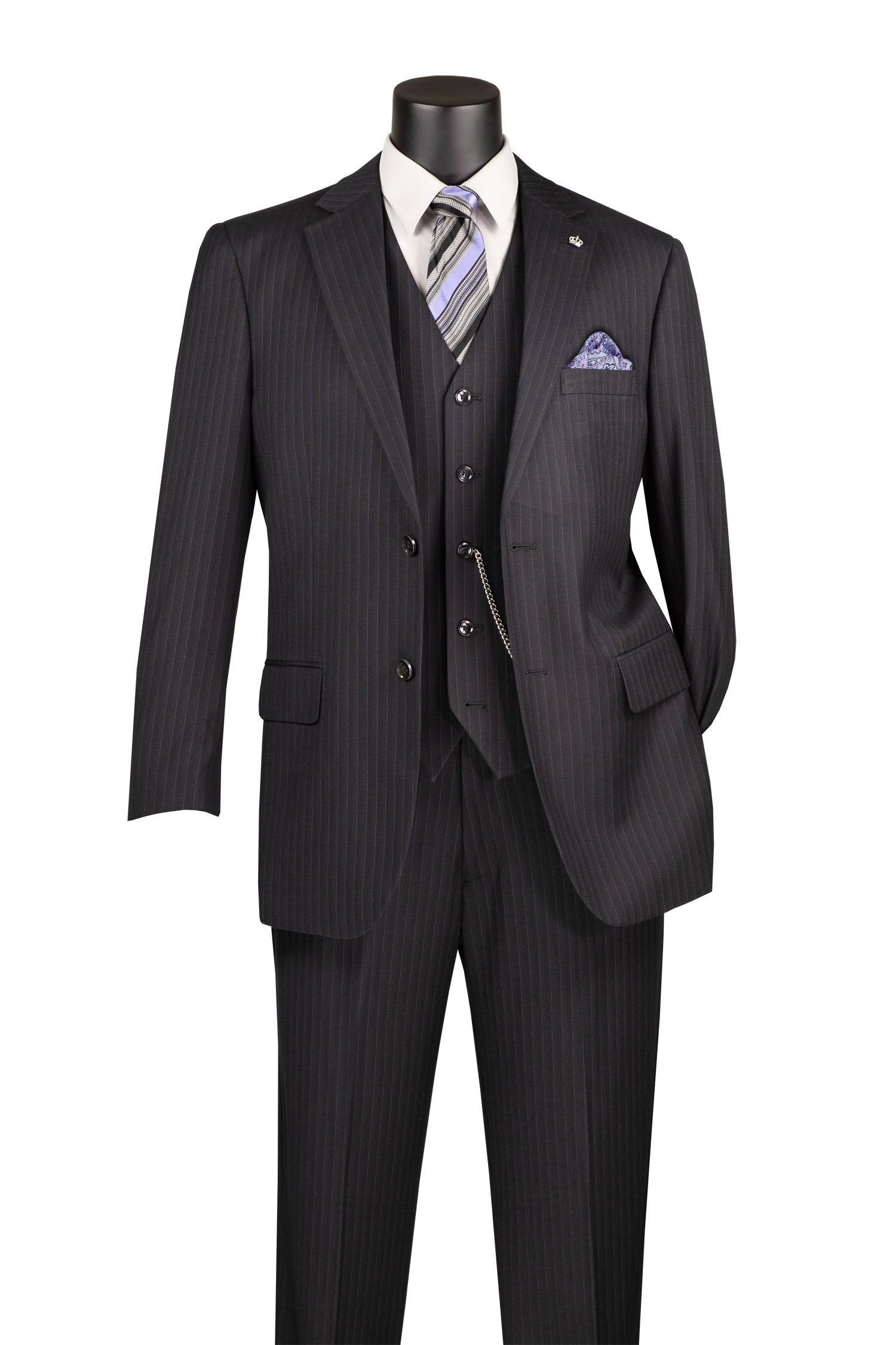 Men’s Shadow Stripe 3 Piece Suit – Black Regular Fit Vest V2RS-7