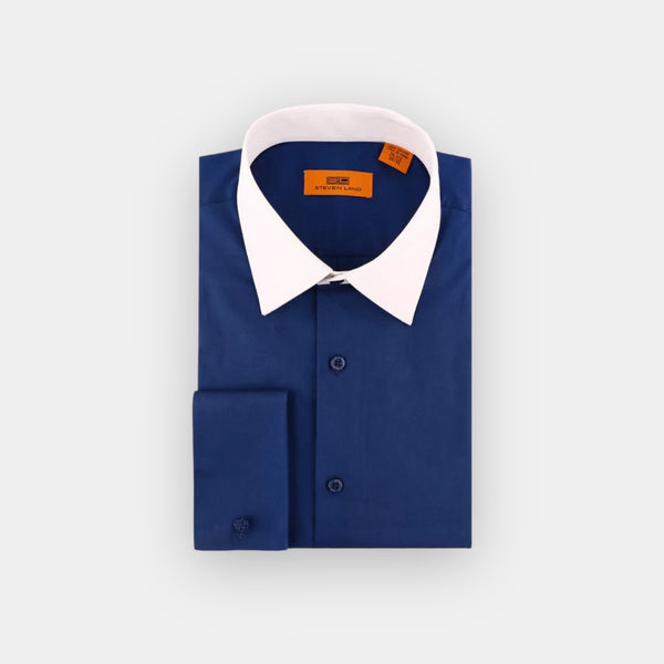 Steven Land men's dress shirt 100% cotton (Navy Royal Blue/White)
