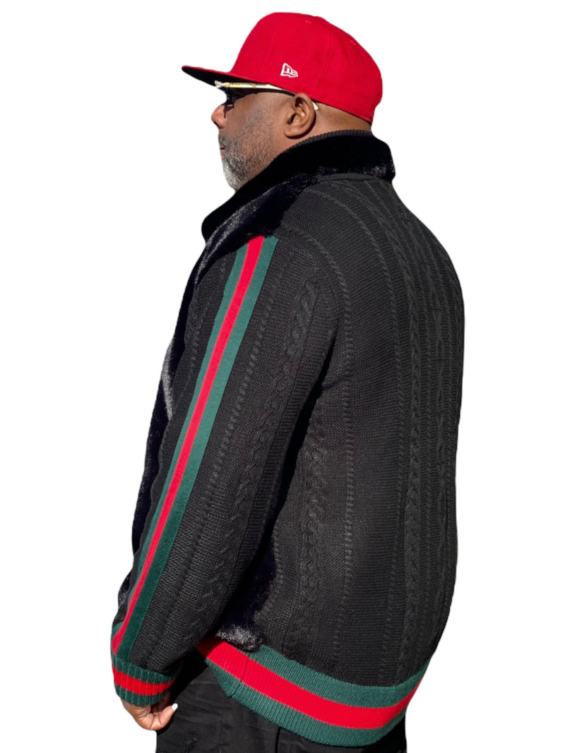 Prestige Fur Bomber Sweater Jacket (Black/Red/Green) 175