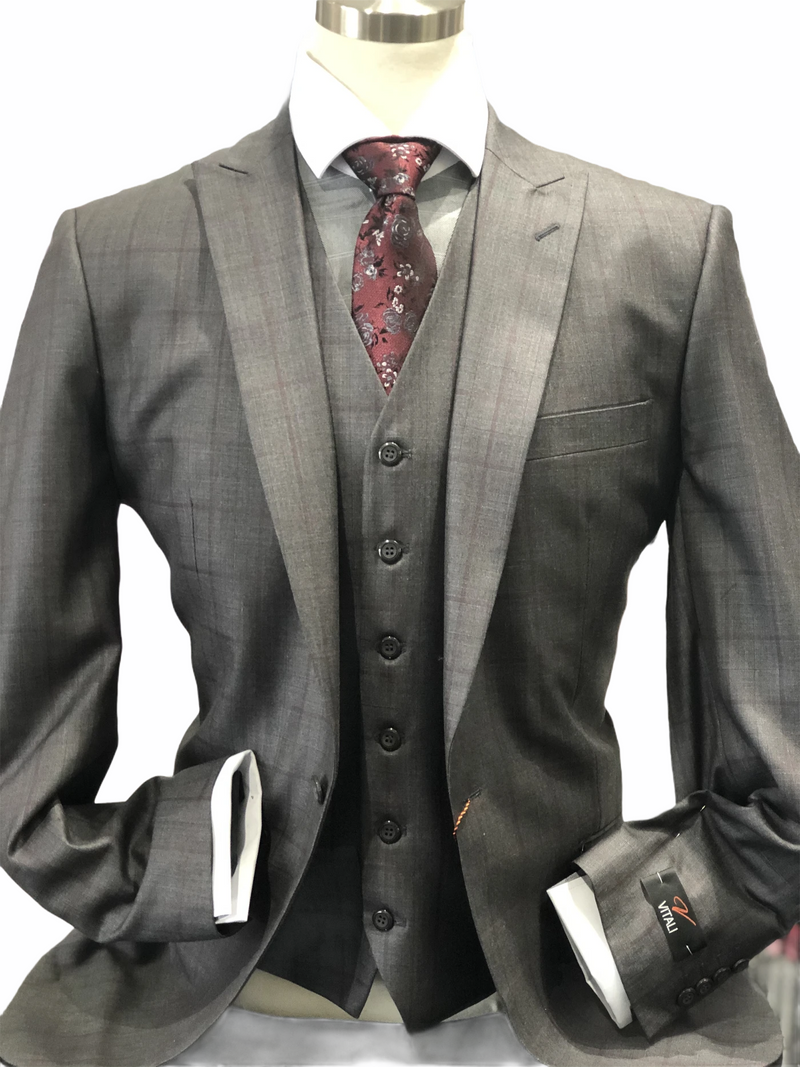 Vitali Suit Charcoal Gray/Burgundy Window Pane