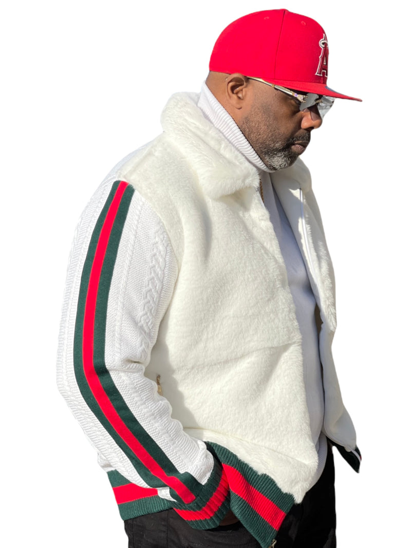 Prestige Fur Bomber Sweater Jacket (White/Red/Green) 175 – JBROOKS