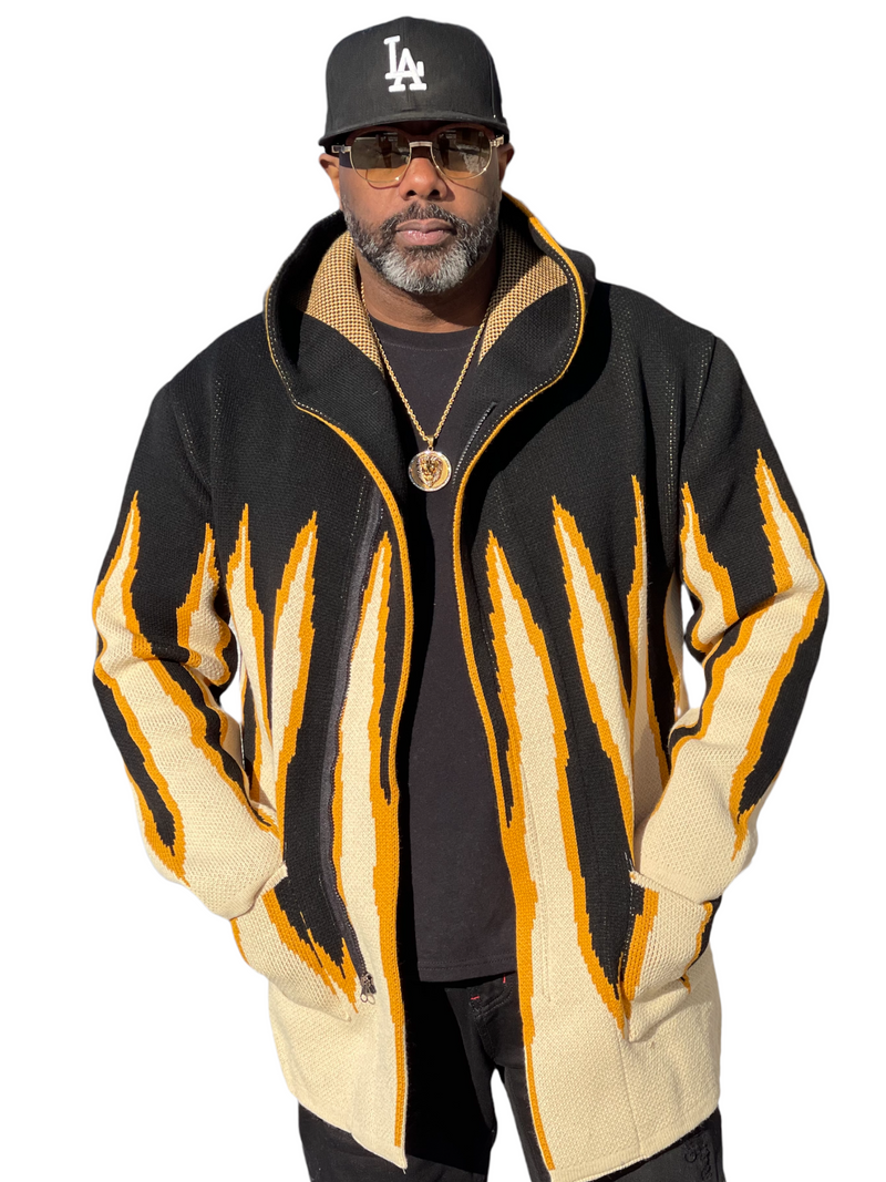 Flames Cardigan Sweater 3/4 Length (Black/Gold) OIM