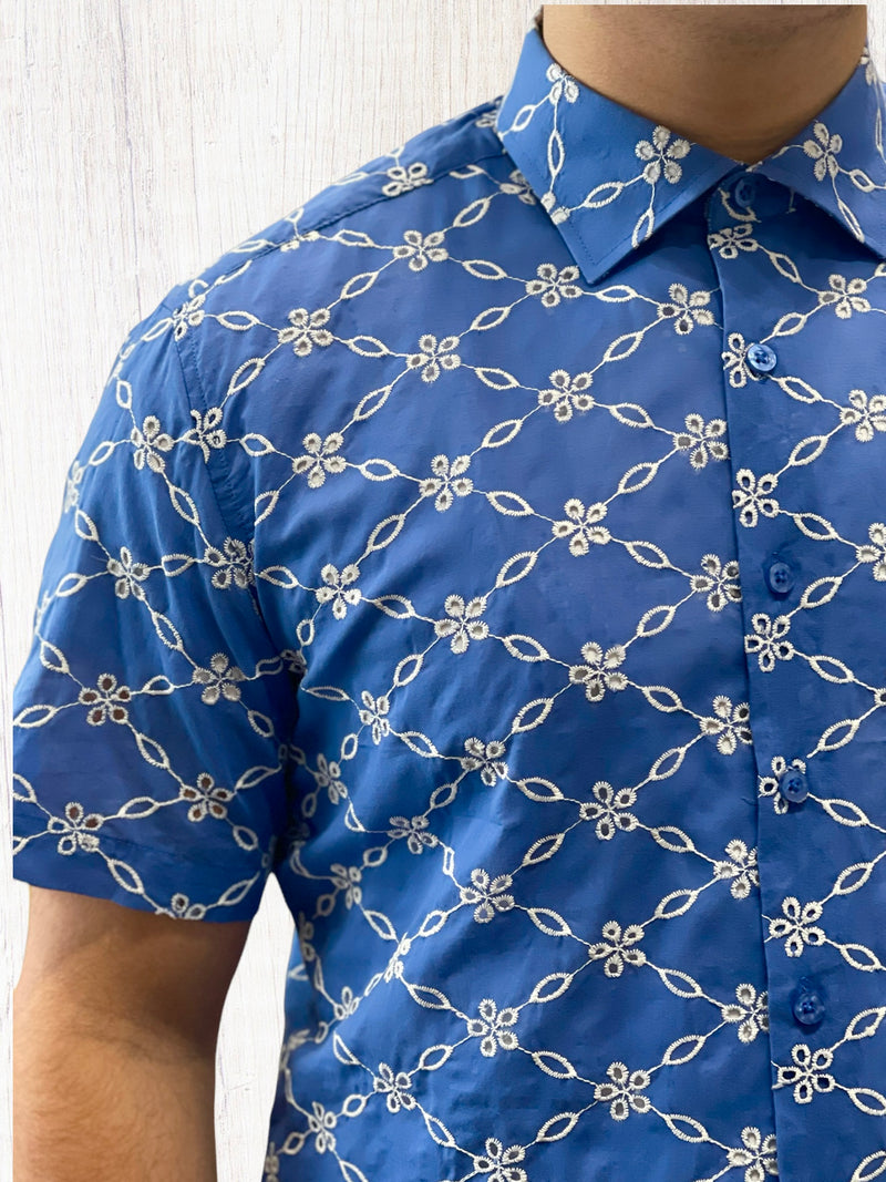 Semi-Slim Lanzino Stitched Shirt (Blue/White)