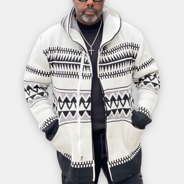 Alpine Cardigan Sweater 3/4 Length (White/Black) OIM
