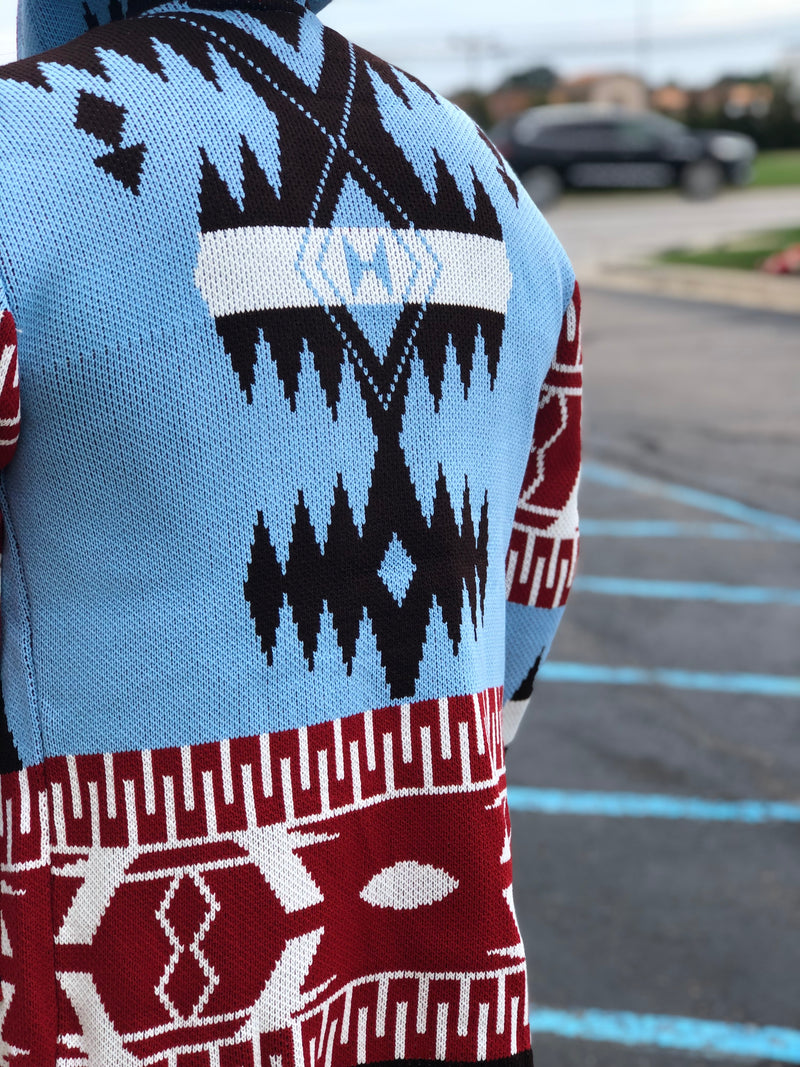 Tribal Cardigan Sweater 3/4 Length (Sky/Burgundy/Brown) OIM