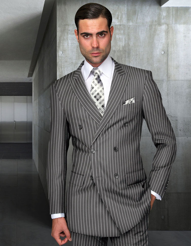 Statement Pinstripe Double Breasted Suit (Gray)